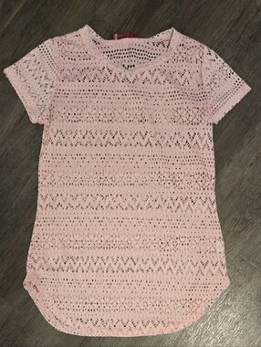 Annabelle Pink Crochet Lace Top Women’s Medium Boho Sheer Short Sleeve Blouse